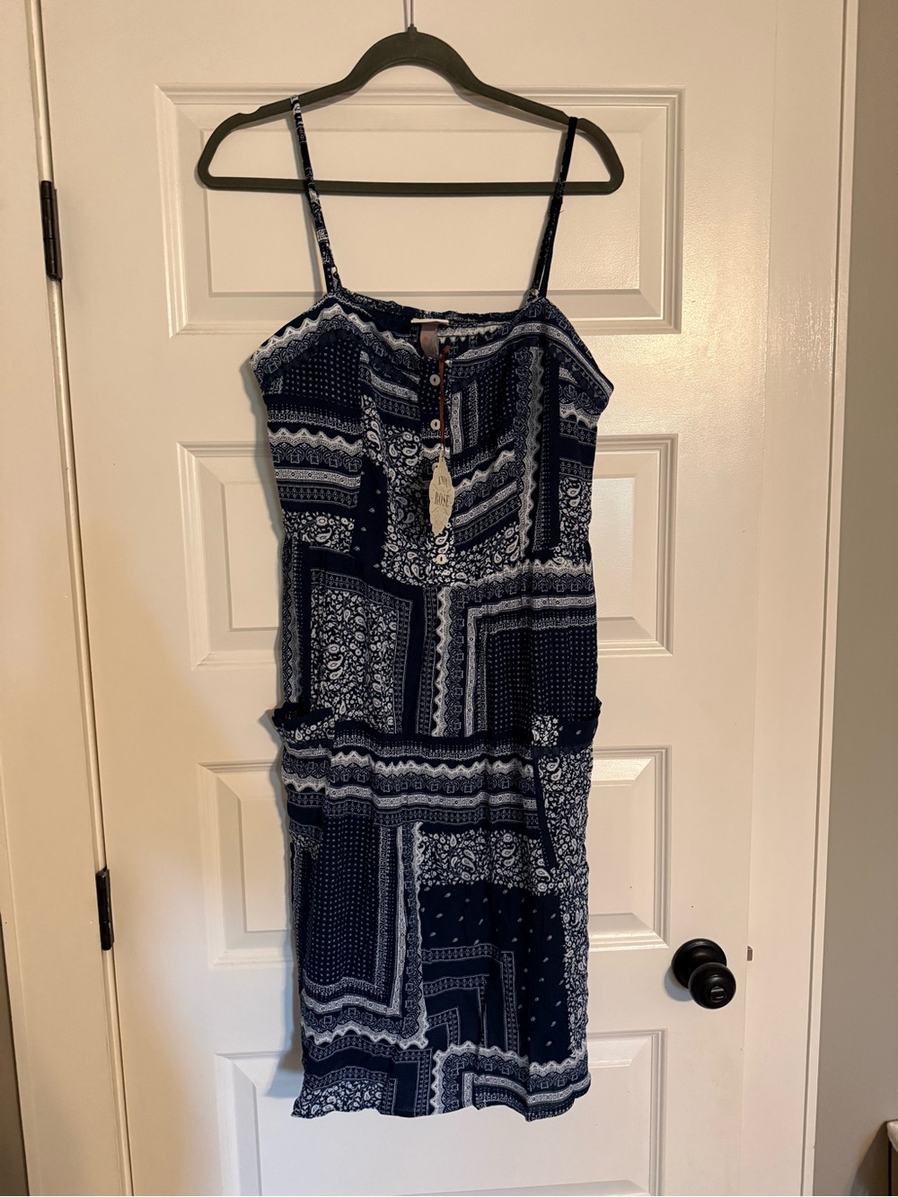 Navy Blue Patchwork Print Spaghetti Strap Dress